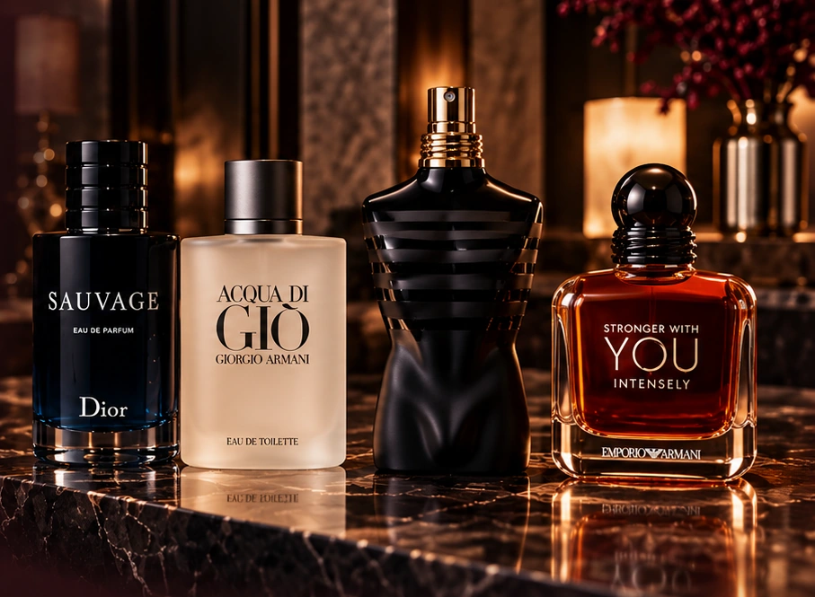 Dior Sauvage, Acqua di Giò, Jean Paul Gaultier Le Male Le Parfum, and Armani Stronger With You Intensely on a marble counter